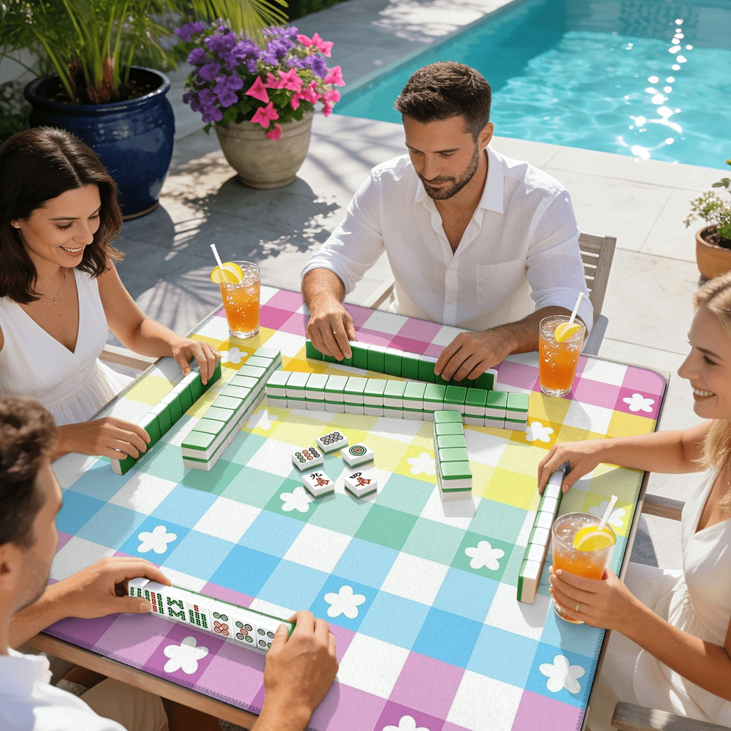 Mahjong Mat 31.5" x 31.5" Pastel Colored Checkered White Flowers Non-Slip Noise Reduction American Mahjong Tiles Table Cover for Dominoes Poker Card Board Games Gift
