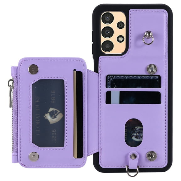 Decase For Samsung Galaxy S23 Ultra,Wallet Case Leather Shockproof Phone Shell Detachable Lanyard & Wrist Strap,Magnetic Buckle Back Cover Zipper Wallet Card Holder Pocket for Galaxy S23 Ultra,Purple