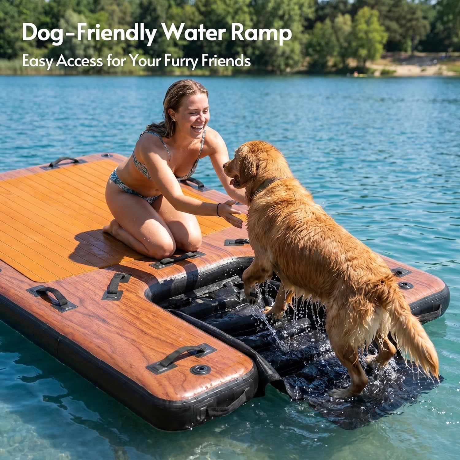 LAZZO 8 x 5 FT Inflatable Floating Dock, Anti-Slip EVA Foam Platform with Dog Ramp & Air Pump for Pool and Lake