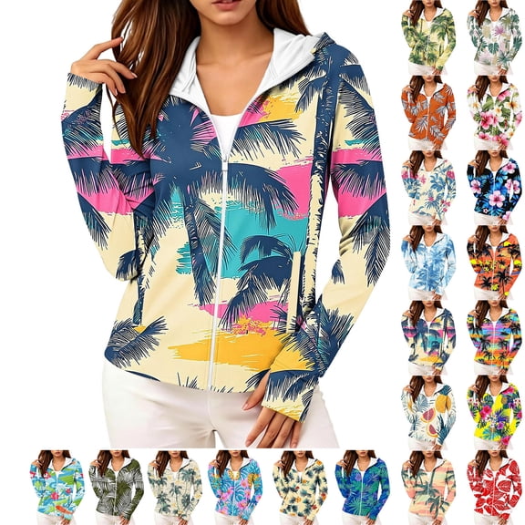 Purcolt Womens Tropical Palm Tree Print Hooded Jacket Comfort Casual Sun Protection White Lined Long Sleeve Full Zip Outerwear Lightweight Loose Fit Sport Cardigan