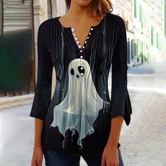 Jsaierl Women's Halloween Shirts Cute Pumpkin Ghost Graphic Tees Loose Fit V Neck T-shirt 3/4 Sleeve Dressy Casual Blouse Tops Halloween Party Supplies