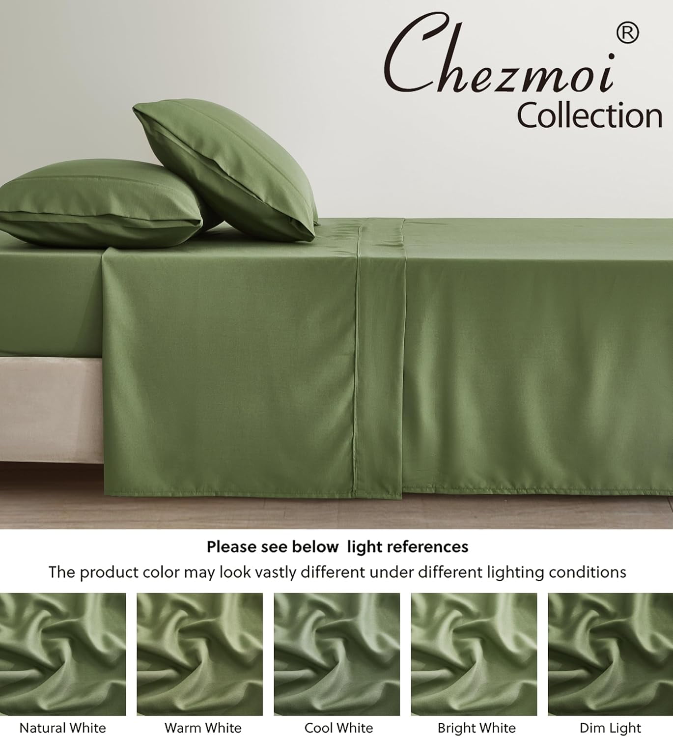 Chezmoi Collection 4-Piece Stone Washed California King Sheet Set, Rayon Derived from Bamboo & Polyester Blended, Breathable & Cooling 15-Inches Deep Pocket Sheets & Pillowcases Set, Olive Green
