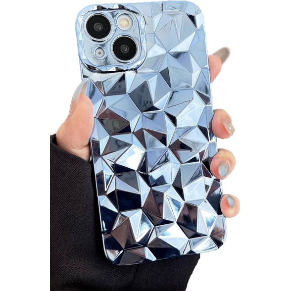 Cute 3D Diamond Texture Plating Soft Phone Case Compatible with iPhone Case (Blue,iPhone 12 Pro)