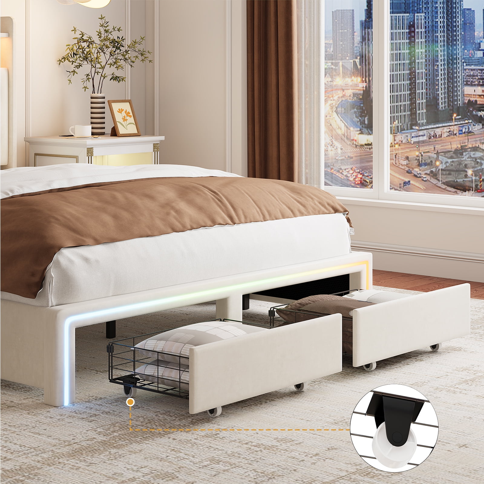 Miniyam Queen Size LED Bed with Storage Drawers, Charging Ports, Velvet Headboard for Adults, Beige