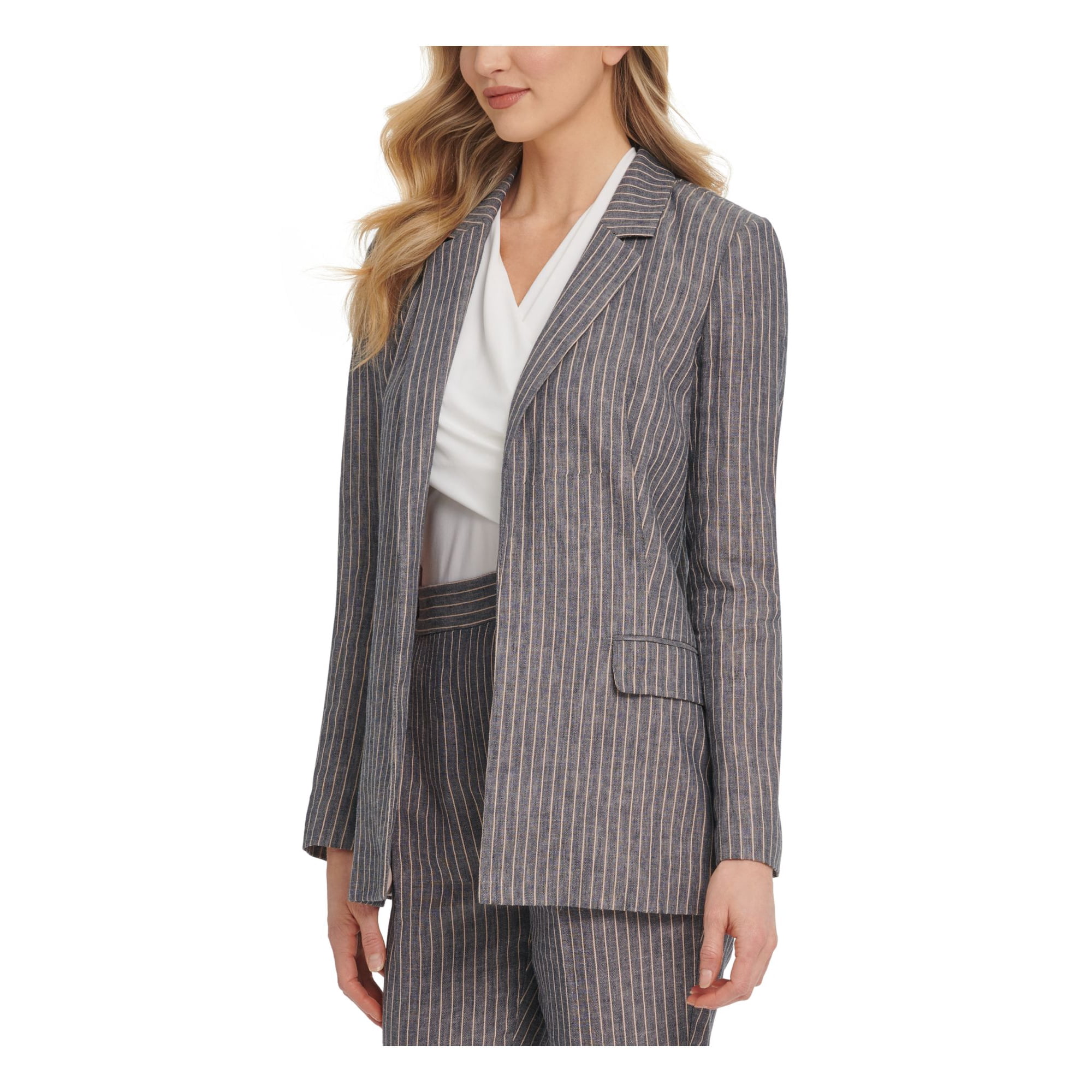 DKNY Womens Navy Pocketed Pinstripe Evening Blazer Jacket 0 Walmart