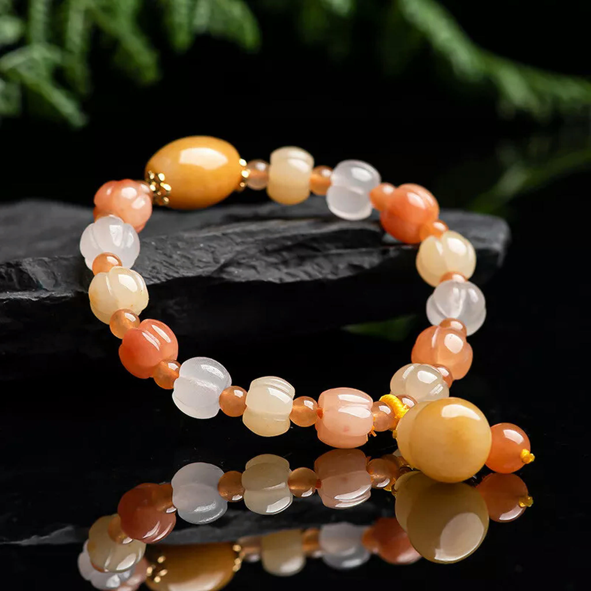 HOOUN Golden Silk Jade Gourd Pumpkin Beads Hand Chain Topaz Women's Jade Bracelet