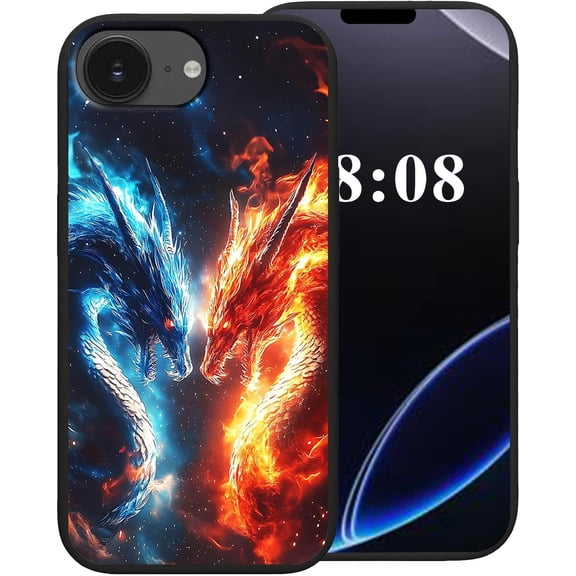 for iPhone 16e Case,Black TPU Soft Silicone Shockproof Protection Cover Phone Case for iPhone 16e 6.1"Fire Dragon Ice Dragon