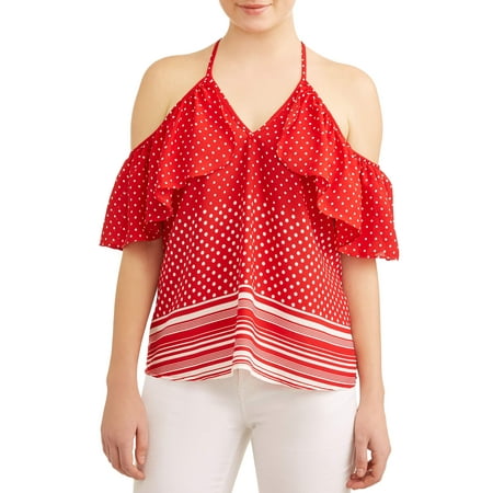 Juniors' Printed Ruffle Flounce Halter Top