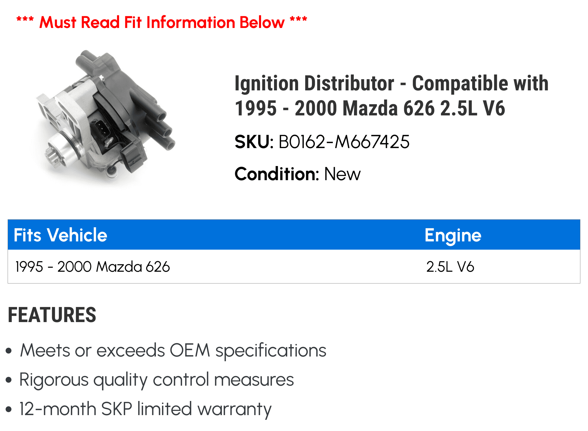 Ignition Distributor - Compatible with 1995 - 2000 Mazda 626 2.5L V6 1996 1997 1998 1999