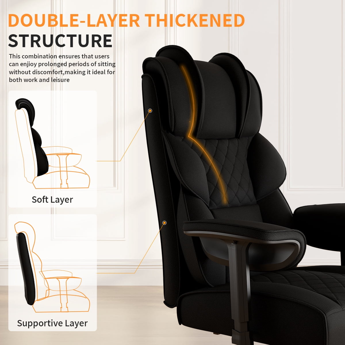 KOCEN Big and Tall Office Chair, Desk Chair with Soft Adjustable Armrests, Ergonomic High Back Gaming Chair with Lumbar Support, Executive Computer Chairs with Footrest(Linen Fabric, Classic Black)