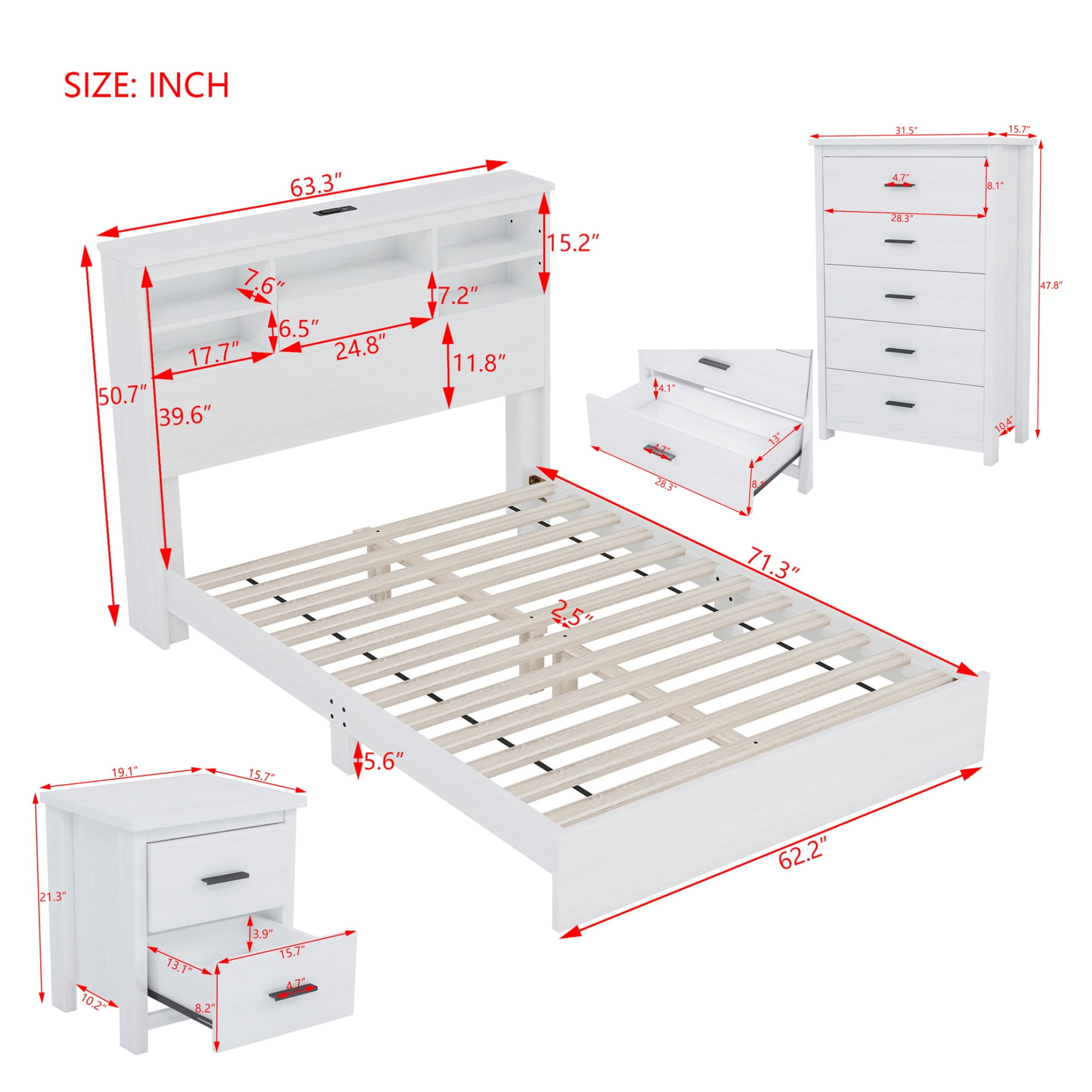 4-Pieces Queen Size Bedroom Set, Vintage Platform Bed Frame with Storage Headboard, USB Charging Port & 1x Dresser Cabinet 5 Drawers & 2 x Nightstands, No Box Spring Needed, White