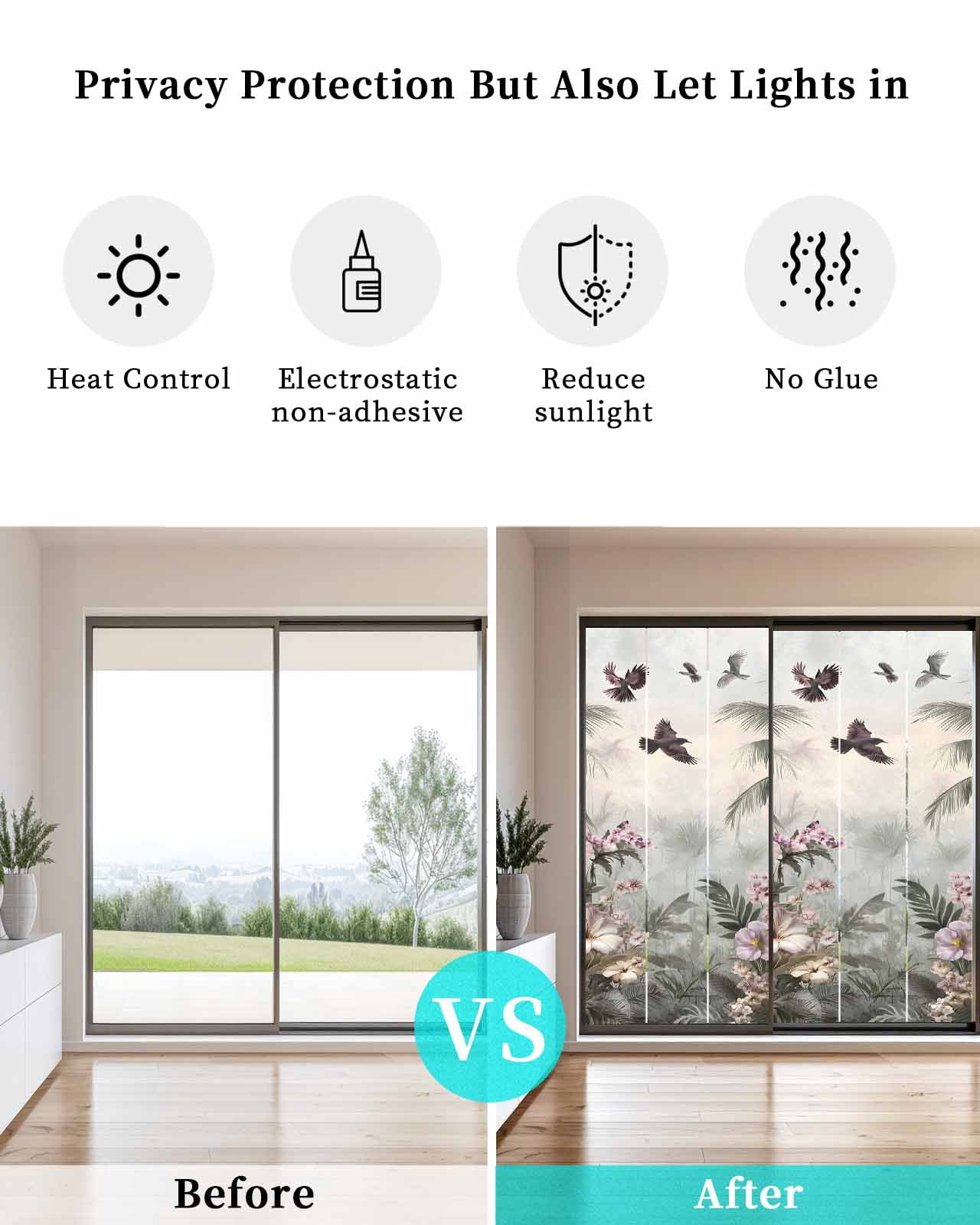 Window Privacy Film Vintage Botanical Stained Glass Window Film Decorative Sun Block Window Cover Retro Palm Tree Spring Floral Window Clings Static Adhesive Sticker for Bathroom 23.6"x59"