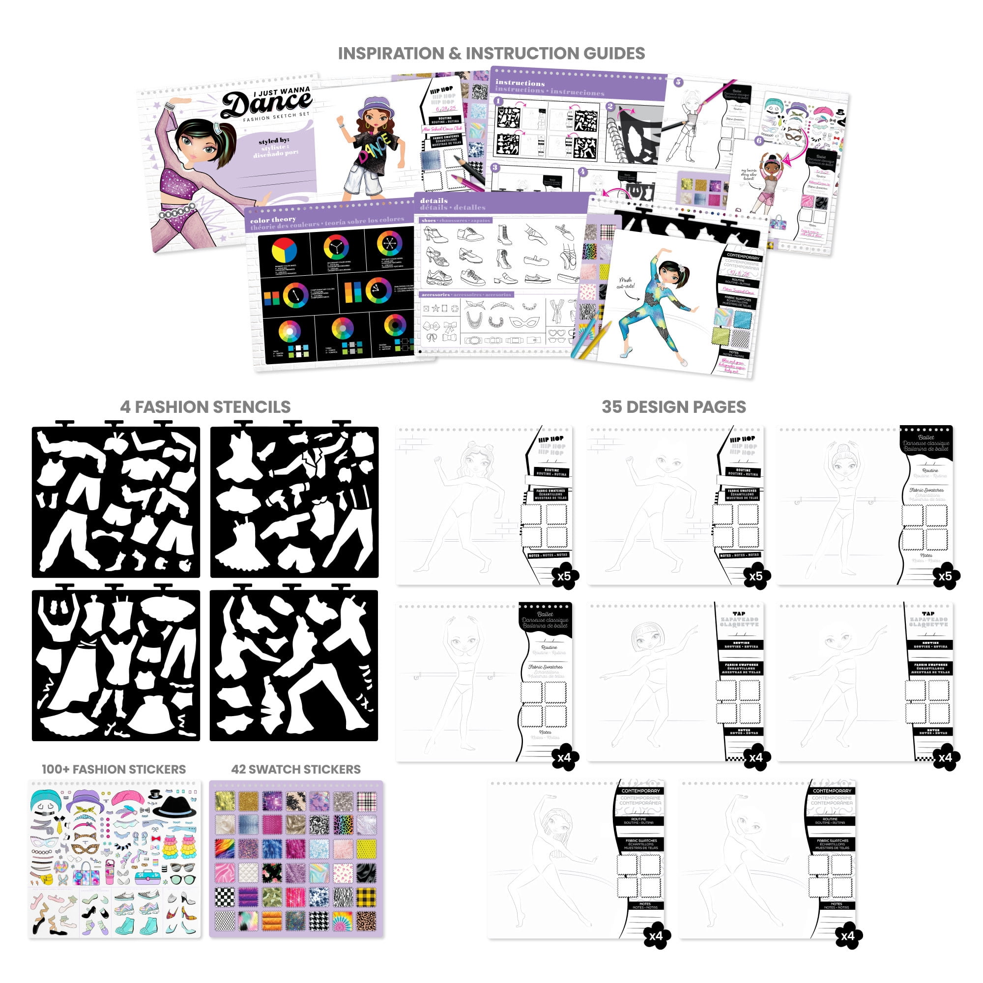 Fashion Angels: Fashion Sketch Set - I Just Wanna Dance - Design & Create Themed Outfits, 35 Page Drawing Art Portfolio, Stickers & Stencils, Kids 6+