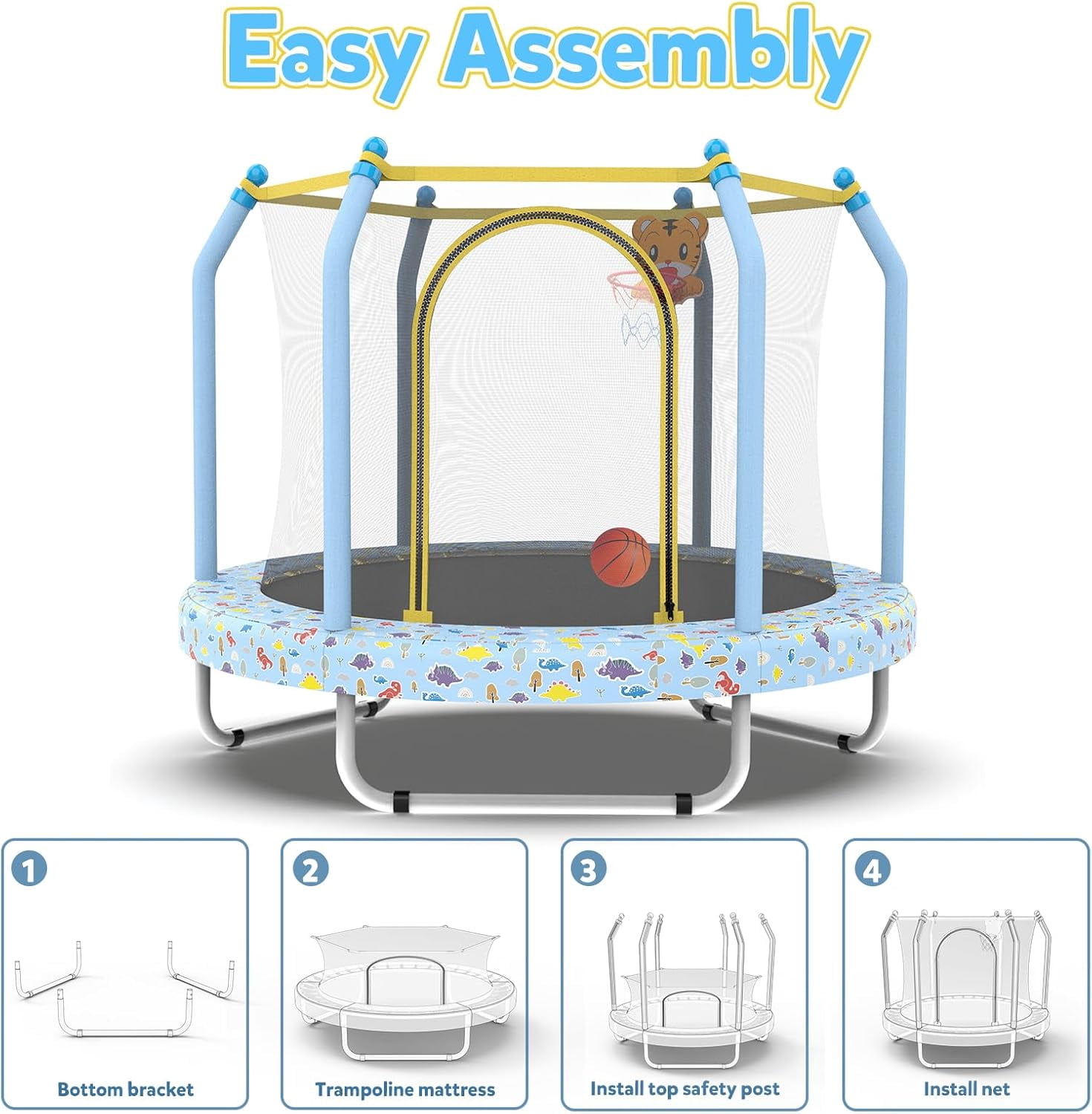 55" Trampoline for Kids, Mini Toddler Trampolines Indoor with Basketball Hoop & Safety Enclosure Net, No-Gap Safe Design for Boys Girls Ages 1-8
