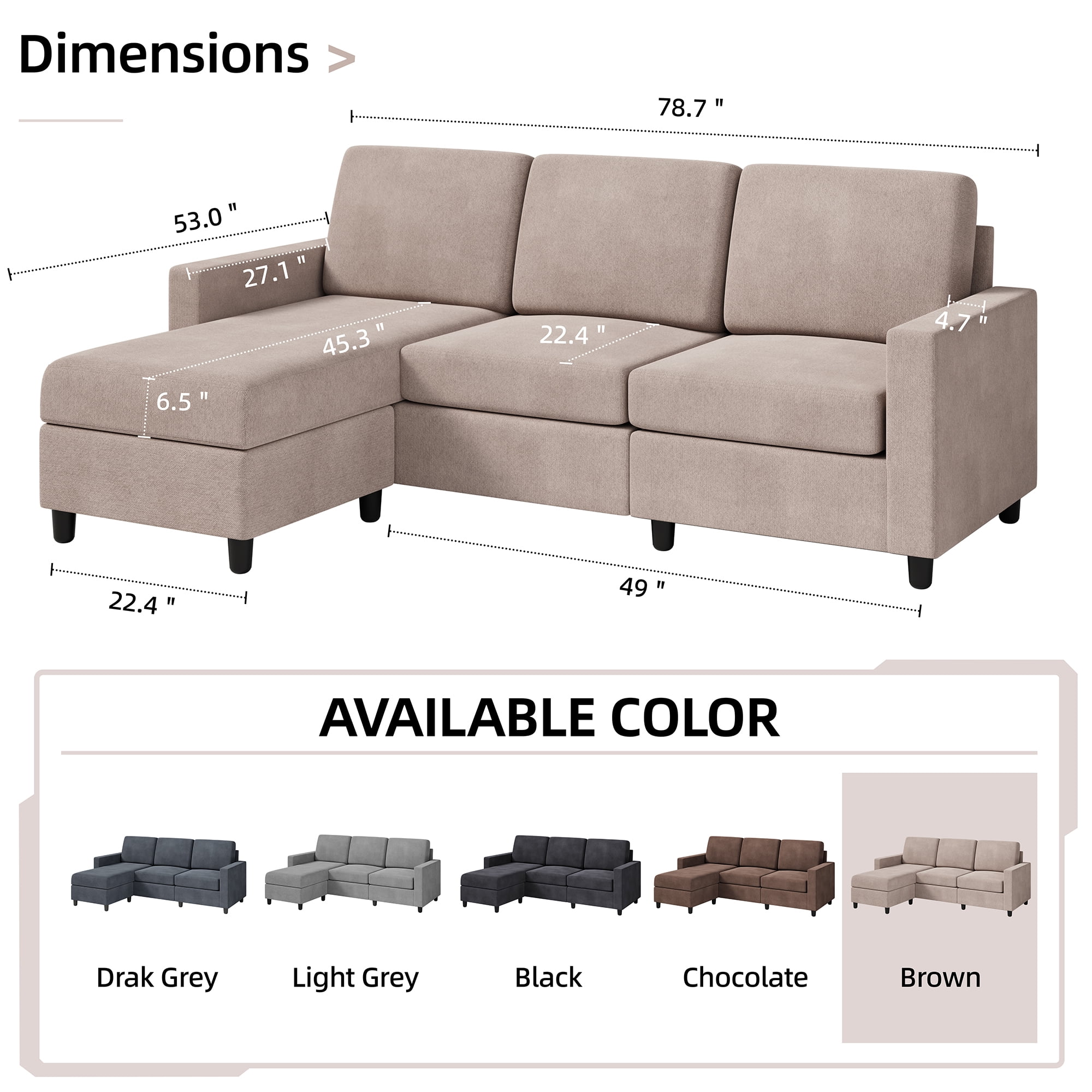 Sobaniilo 79 Convertible Sectional Sofa Couch, 3 Seat L Shaped Sofa with  Removable Pillows Linen Fabric Small Couch Mid Century for Living Room