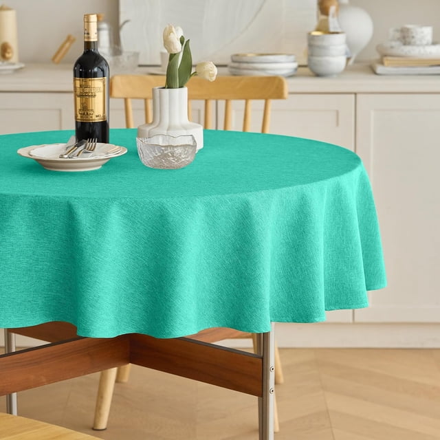 Decorelia Waterproof Linen Table Cloth for Round Table, Decorative Fabric Anti-Scratch Table Cover for Dining Table and Kitchen Table (70 Inch, Round (4-6 Seats), Turquoise)
