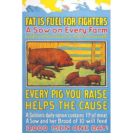 WWI poster for the homefront  A sow on every farm  Loyalty to your country profit to yourself  Every pig you raise helps the cause  A soldiers daily ration contains one pound of meat  A sow and her
