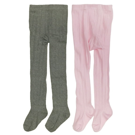 Wrapables® Pink and Gray Thick Winter Cotton Ribbed Tights for Girls (Set of 2), 2-3 Years