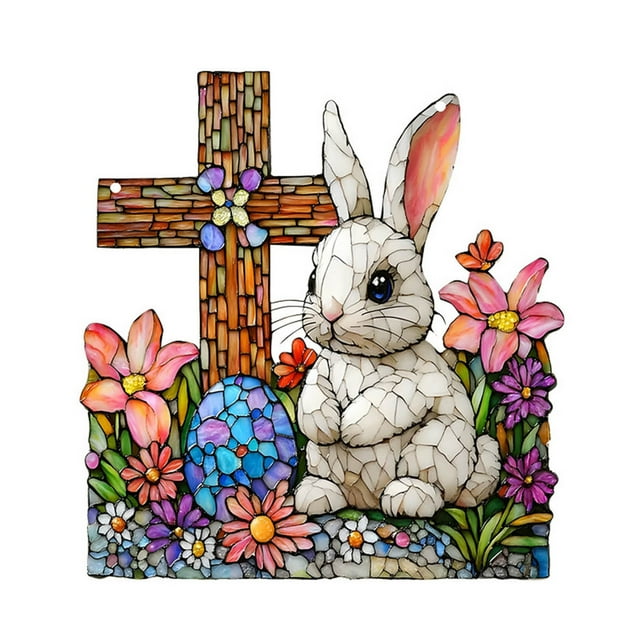 Binwennn Stained Glass Hanger Chain Stained Glass Patterns Birds Easter Bunny Hanging Door Sign Acrylic Rabbit Decoration For Shop Home Party Garden