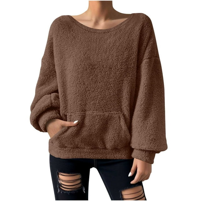 Yuyuzo Chandails en Molleton pour Femmes, Duveteux, Coupe Ample, Col Rond, Manches Longues, Chandail à Enfiler, Mode d'Automne, Hauts de Chandail avec Poches
