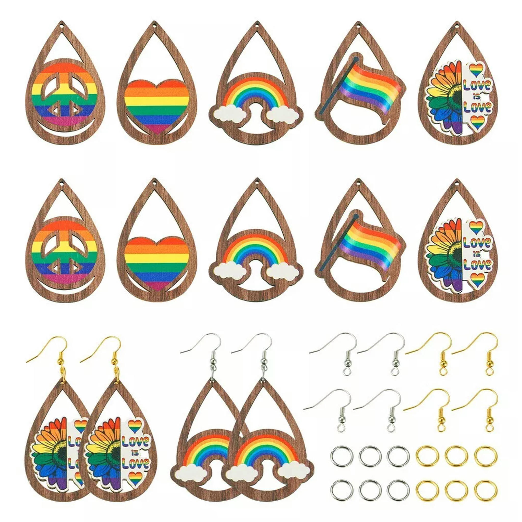 U8MO 200Pcs/box Teardrop Heart Peace Sign DIY Rainbow Color Pride Earring Making Kits