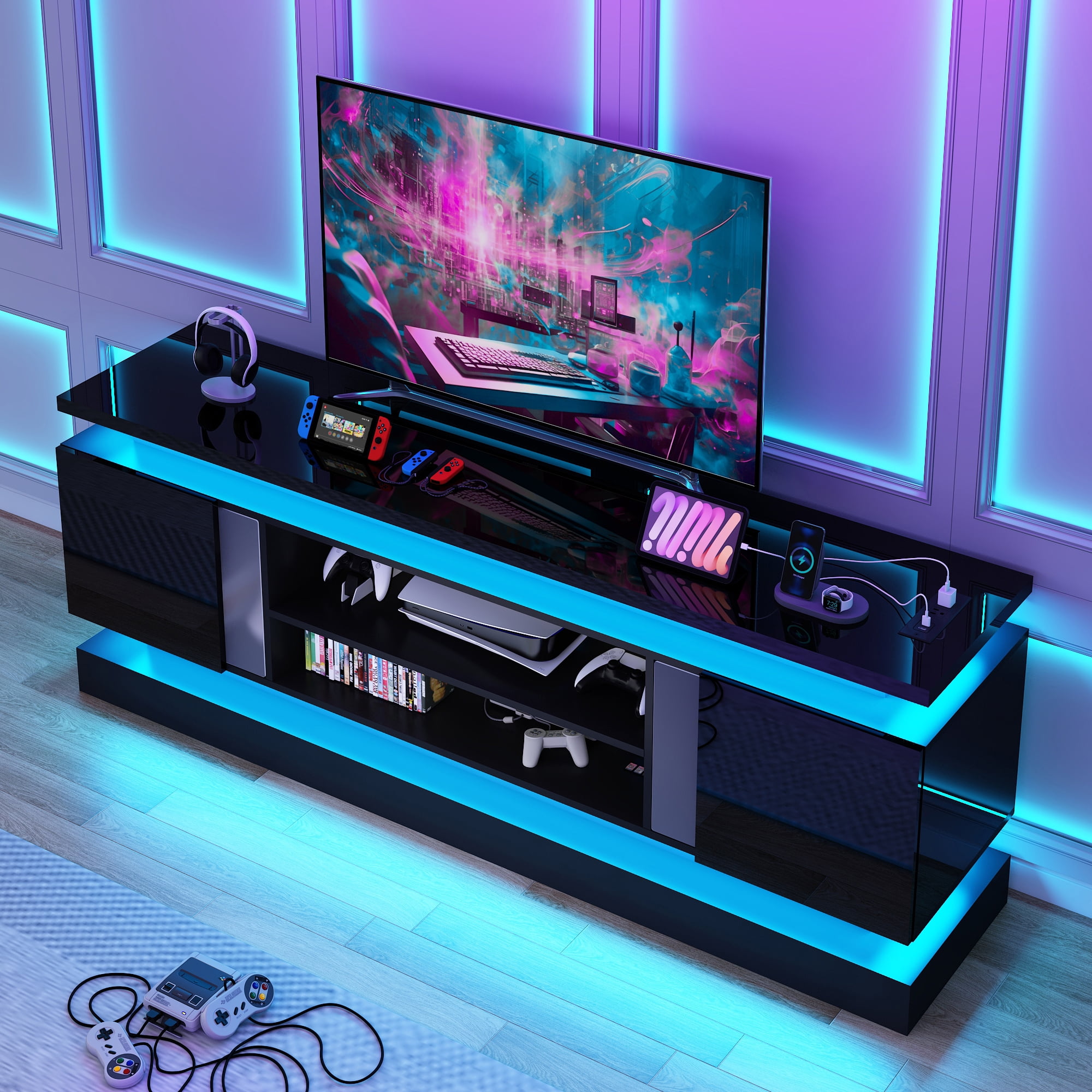 ChVans 71" LED TV Stand for TVs up to 85" with Power Outlets, High Gloss Surface, 2 Storage Cabinet, Modern Style, TV Media Console with Storage, Black