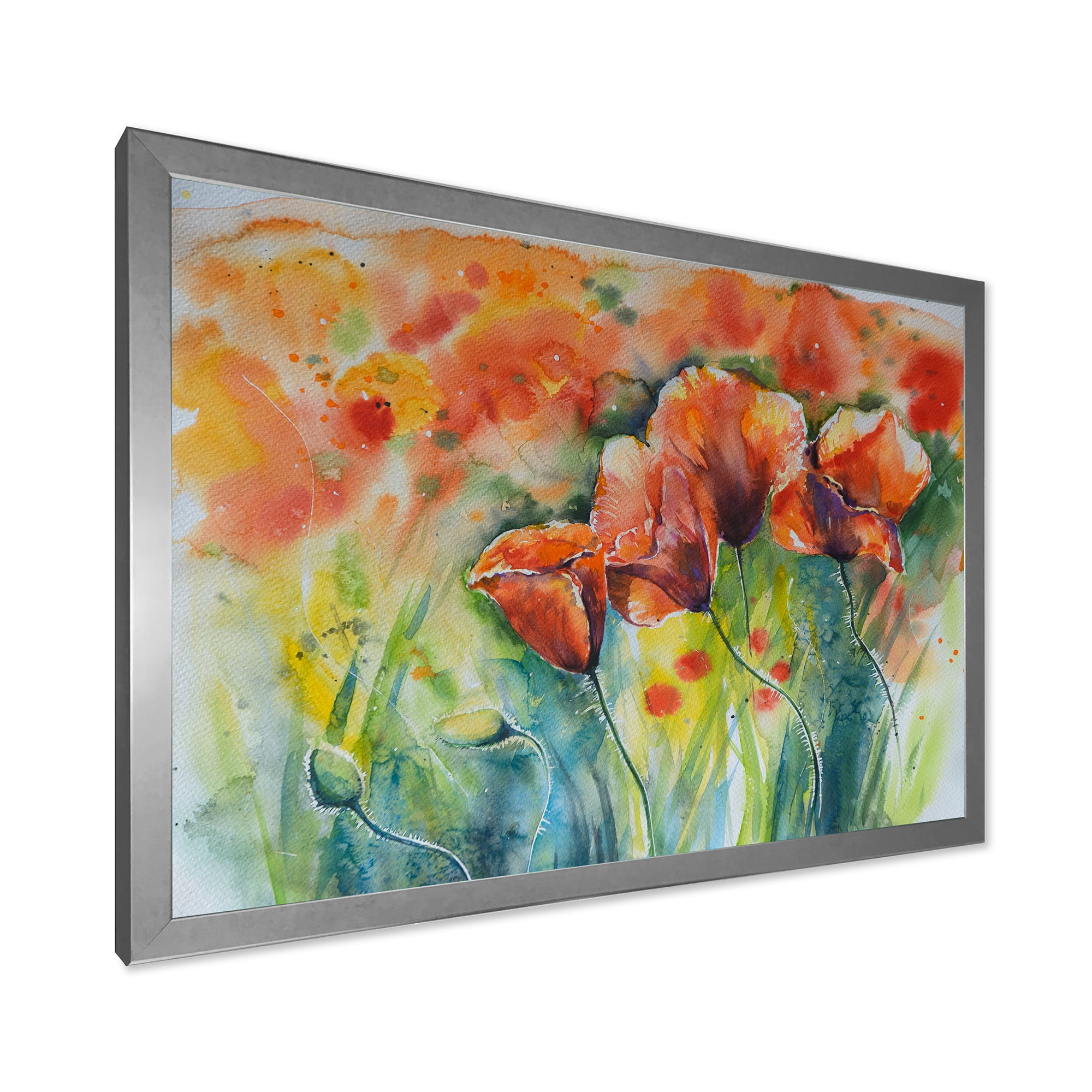 Designart 'Red Blossoming Poppies Over Wild Green IV' Traditional Framed Art Print