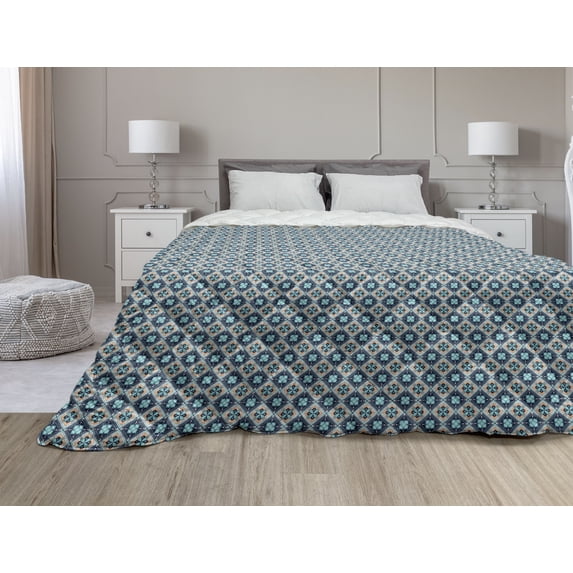 Boho Down Alternative Comforter, Folkloric Morocco Tile Inspired Squares with Flowers, Microfiber Quilt for All Season, 5 Sizes, Seafoam Dark Blue, by Ambesonne