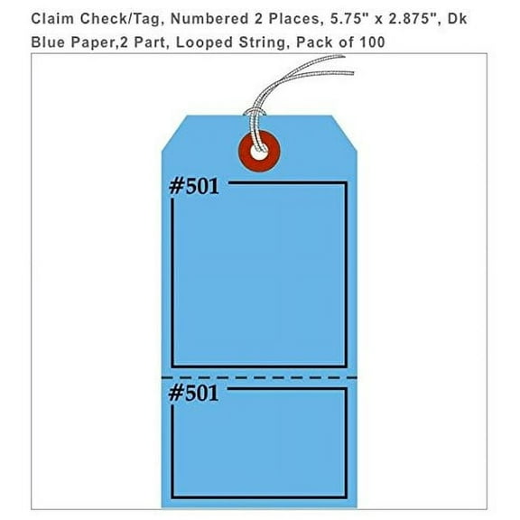 Claim Check/Tag, Numbered 2 Places, 5.75" x 2.875", Dk Blue Paper,2 Part, Looped String, Pack of 100