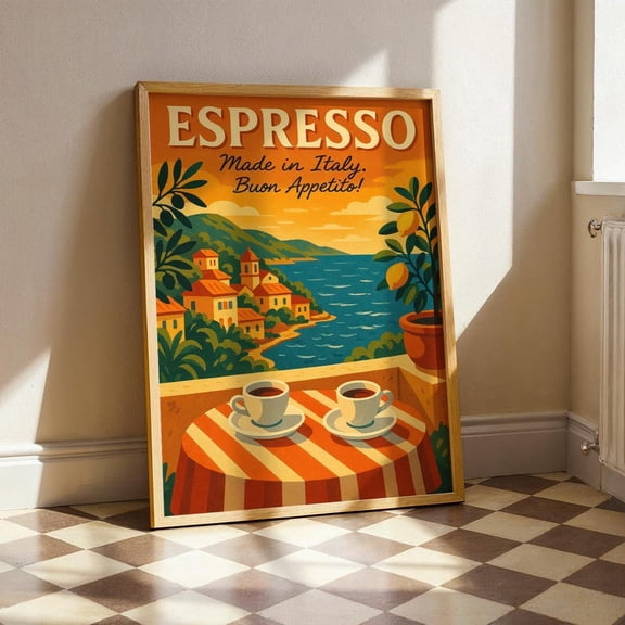 PosterArt Italian Espresso Poster Print, Retro Coffee Wall Art, Vintage Italian Café Print, Coastal Kitchen Decor, Espresso Cups Illustration, 8x12 UNFRAMED