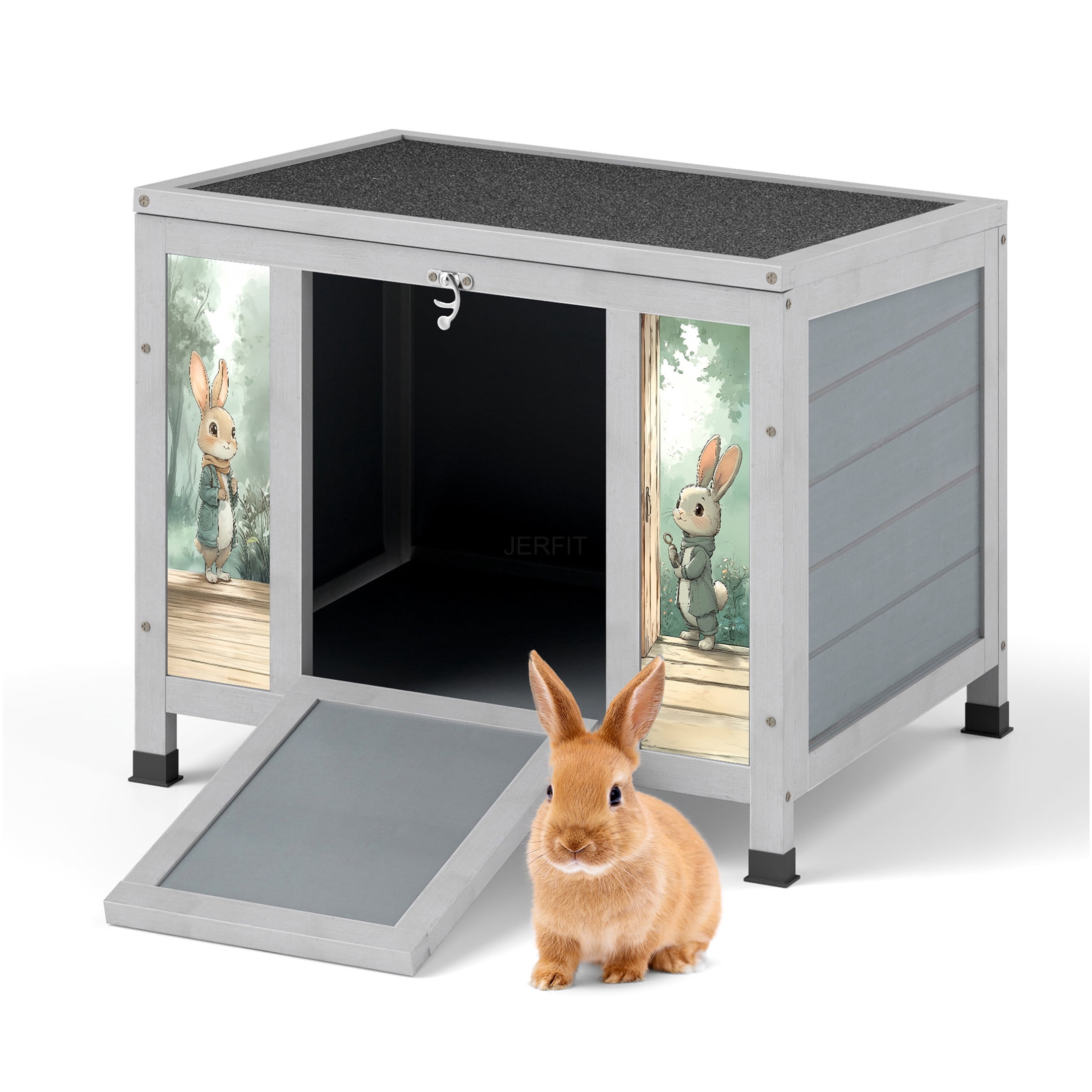 JERFIT Outdoor Rabbit Hutch with Waterproof Roof, Lockable Door & Ramp for Rabbits, Guinea Pigs, Small Pets, Gray