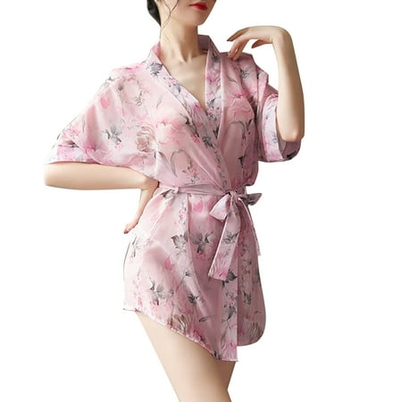 

Sebtyili Women Lingerie Robe Lace Kimono Bathrobes Nightgowns Mini V Neck Nighty Sleepwear