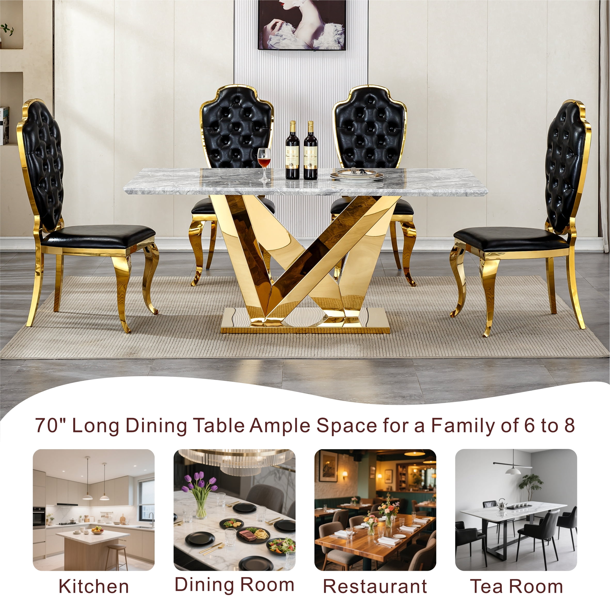 Shikeyi 70" Marble Dining Table for 6-8, Modern Luxury Gold Rectangular Large Kitchen Table, Marble Grain MDF Tabletop & Stainless Steel Base for Kitchen Dining Room, Grey (Table Only)