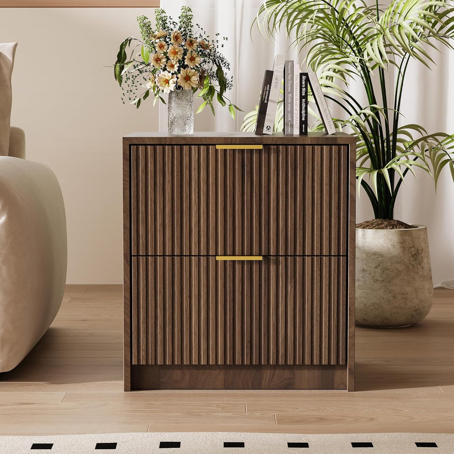 FURNIWAY Set of 2 Fluted Nightstand with 2 Drawers, Modern Storage Bedside Table with Golden Metal Handles, Wooden End Table for Bedroom, Living Room,Walnut