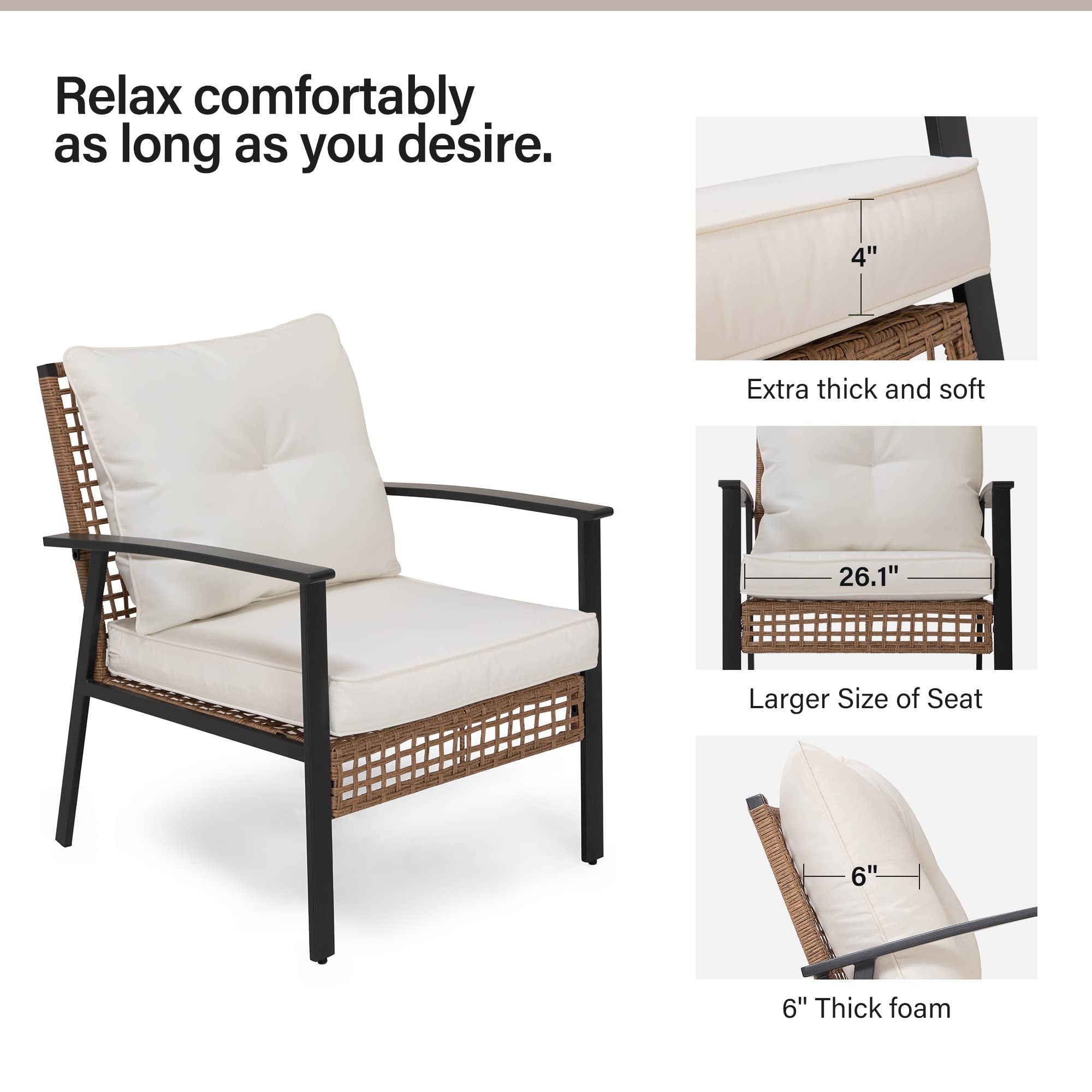 LAUSAINT HOME Outdoor Wicker Chair, Patio PE Rattan Chair with Beige Cushions, 2 PCS