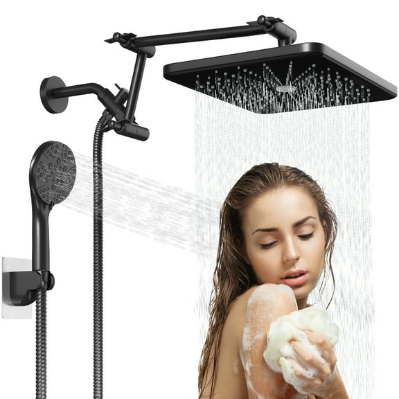 IUSU 8-Setting High Pressure Shower Head 12 inch Rain Shower Head with Handheld and Hose Black
