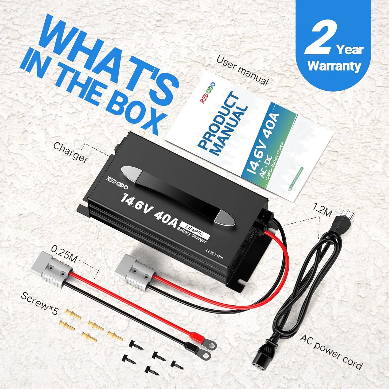 Redodo 14.6V 40A LiFePO4 Battery Charger,Dedicated Lithium Battery Charger,Activate Battery,Fully Protected,Upgrade Handle,Intelligent LED Display,Sturdy Aluminum Casing,for 12V Lithium Batteries