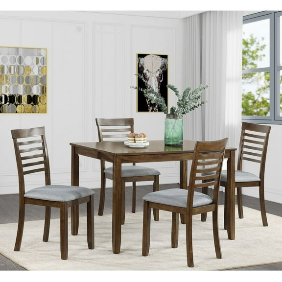Noble House 5-Piece Farmhouse Dining Set, 45.5" Rectangular Wooden Table with Upholstered Chairs, Walnut