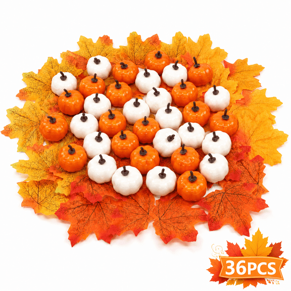 Fall Pumpkin Decor Artificial Mini Pumpkins with Faux Maple Leaves Table Centerpieces Decor Fall Thanksgiving Decorations for Home Harvest Autumn Season 36 Pcs