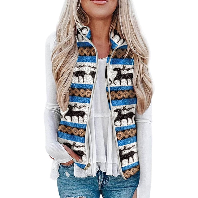 Chaleco De Lana Difusa para Mujer Chaqueta Sin Mangas con Cremallera Y Estampado De Navidad Cálido Informal Ropa De Abrigo para Fiesta Azul L