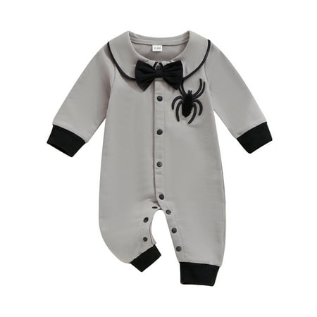 

aturustex Infant Baby Boy Halloween Rompers 0-18M Newborn Long Sleeve Lapel Neck Jumpsuits Spider Embroidered Bow Tie Button-up Bodysuits Toddler Little Boys Fashion Cute Casual Spring Fall Clothes