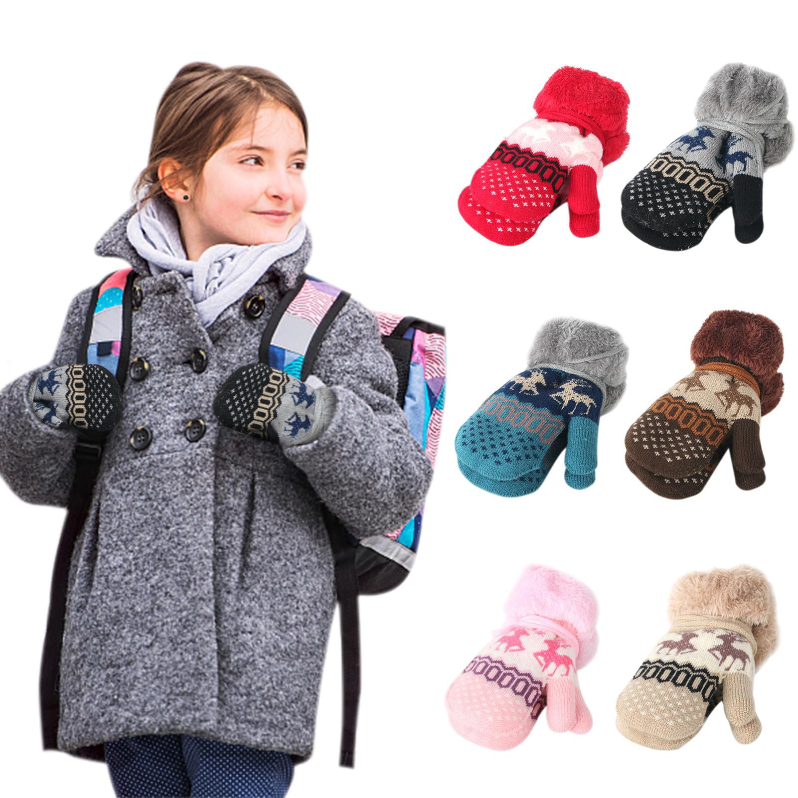 Girls Children Kids Autumn Winter Warm Mittens Gloves With String Size 2-5 Years 