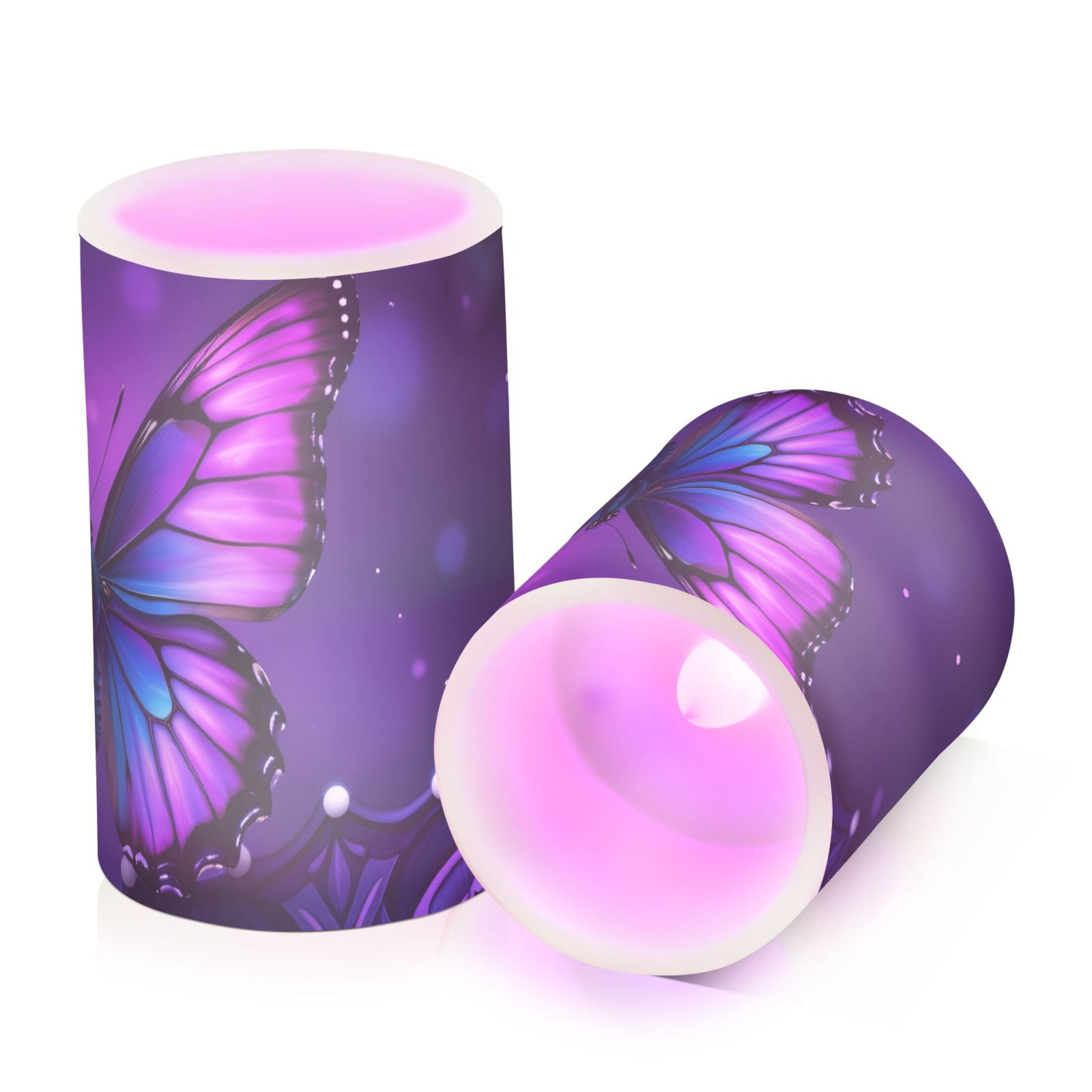 Mandala Flowers Purple Butterflies Flickering Flameless Candles LED Tealight Battery Operated with Remote Set of 2 Holiday Decor Ornaments