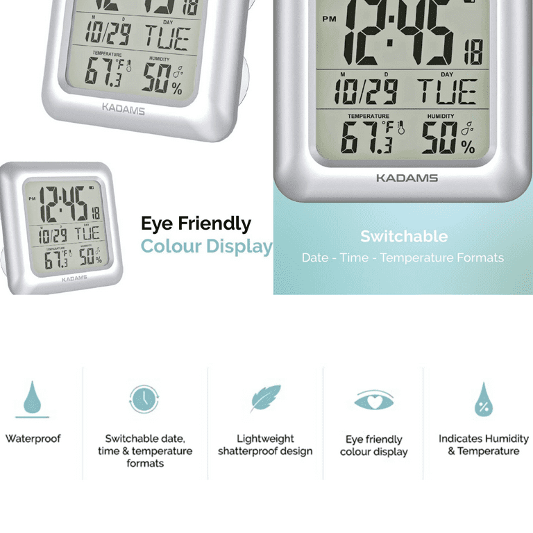 Digital Bathroom Shower Clock with Alarm & Large LCD Display