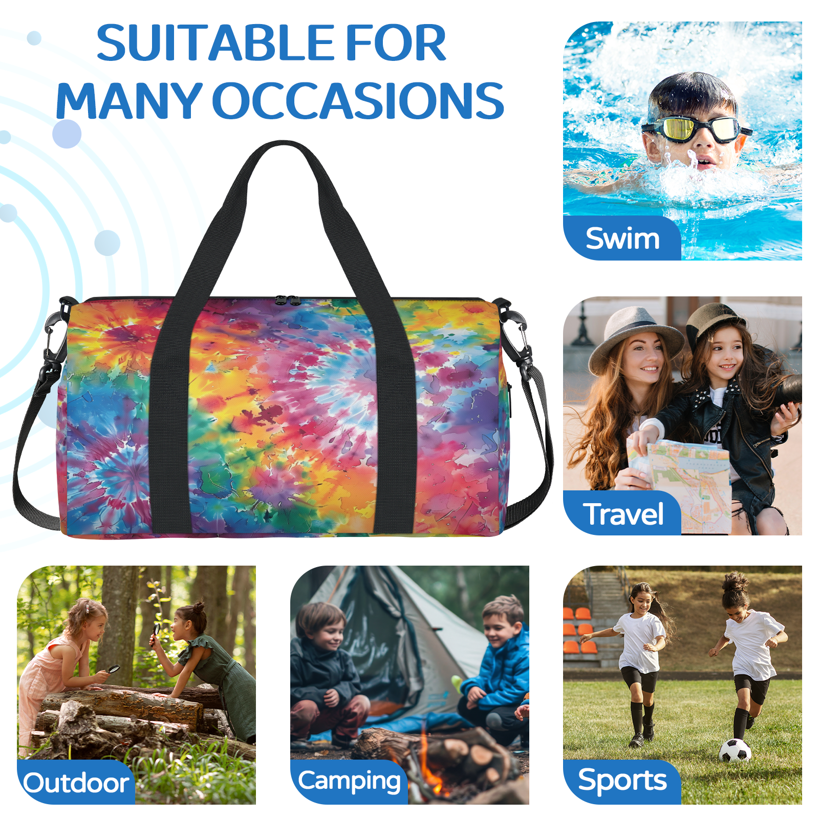 Herdesigns Tie Dye Gym Bag for Women, Duffle Bag for Travel Sport, Colorful Lightweight Waterproof Carry on Weekender Dance Yoga Workout Bags