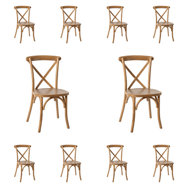 10 PACK Bistro Style Cross Back Light Brown Wood Stackable Dining Chair - X Back Banquet Dining Chair