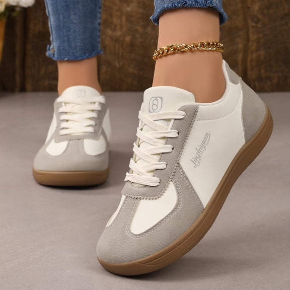 Women Lace-Up Sneakers Casual Flat Walking Shoes Matte Faux Leather Textured Non-Slip Daily Commute Outdoor Workout Sneakers Size 6.5