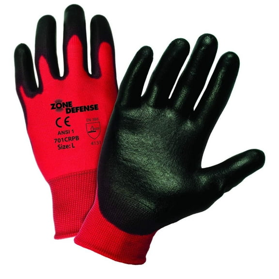 West Chester Zone Defense 701CRPB Red Nylon Gloves with Black Polyurethane Palm Coating [Pack of 12] - Large Safety Work Gloves