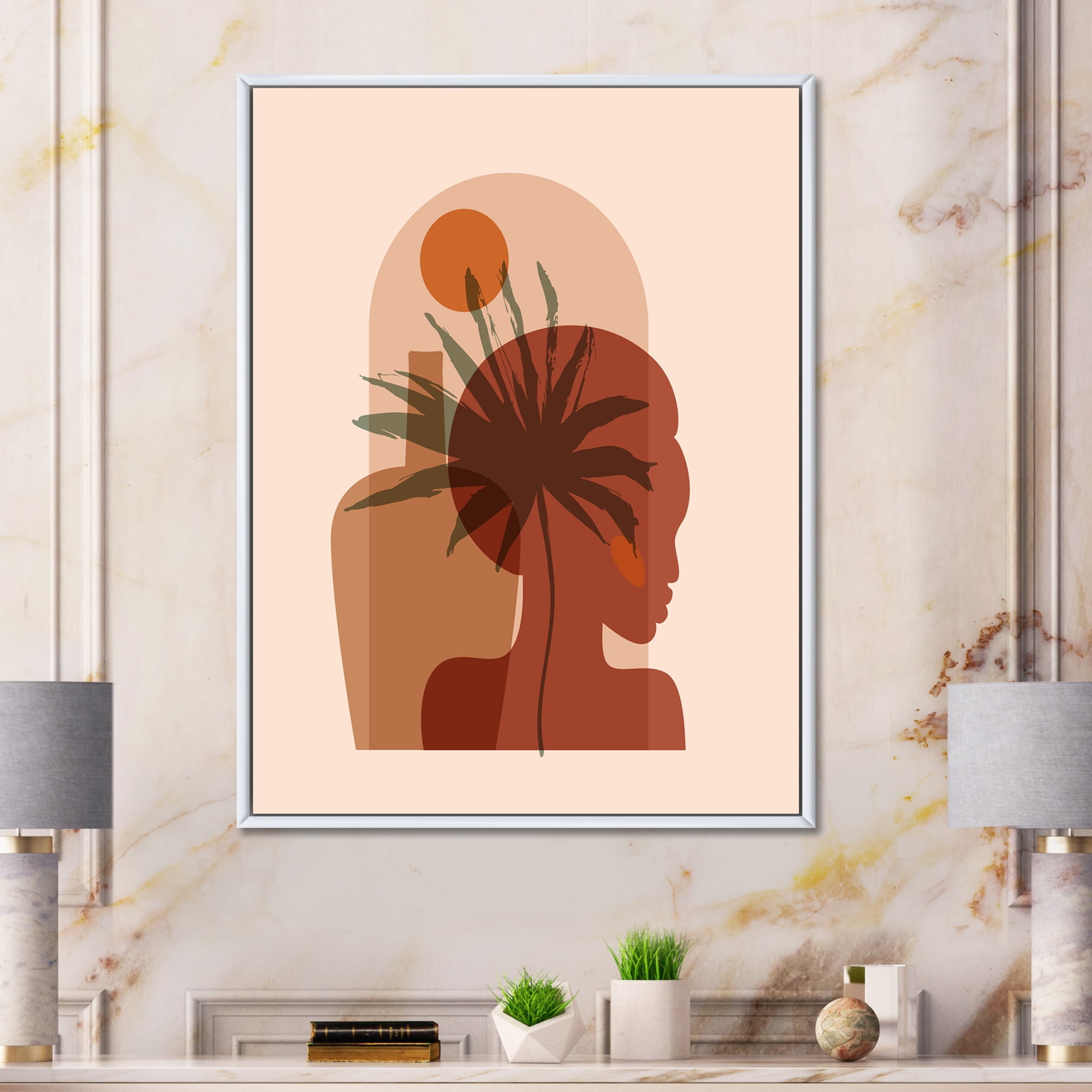 Designart 'Abstract Pretty Girl Portrait and Tropical Palm Leaf' Modern Framed Canvas Wall Art Print