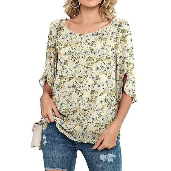 Nlife Women Floral Leaves Print Round Neck Split 3/4 Sleeve Blouse